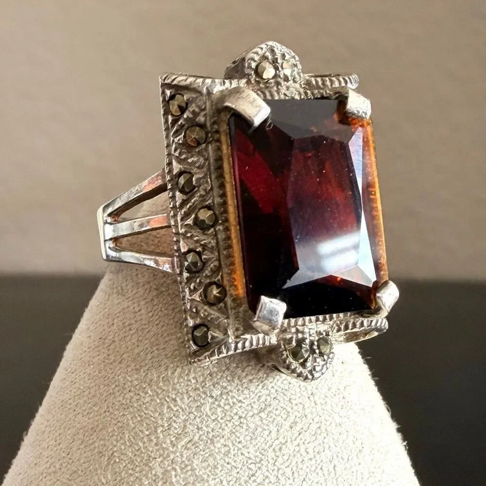Vintage Sterling Silver Art Deco Style Marcasite & Glass Cocktail Ring
